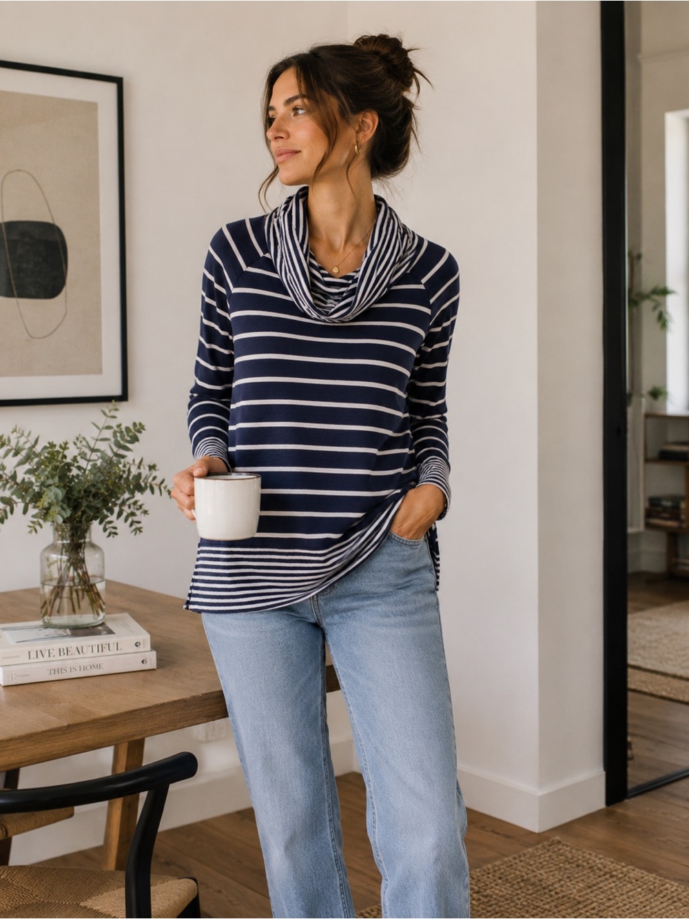 Chico’s Striped Cowl Neck Tunic Top Blue White Nautical Size 0 US 4/6